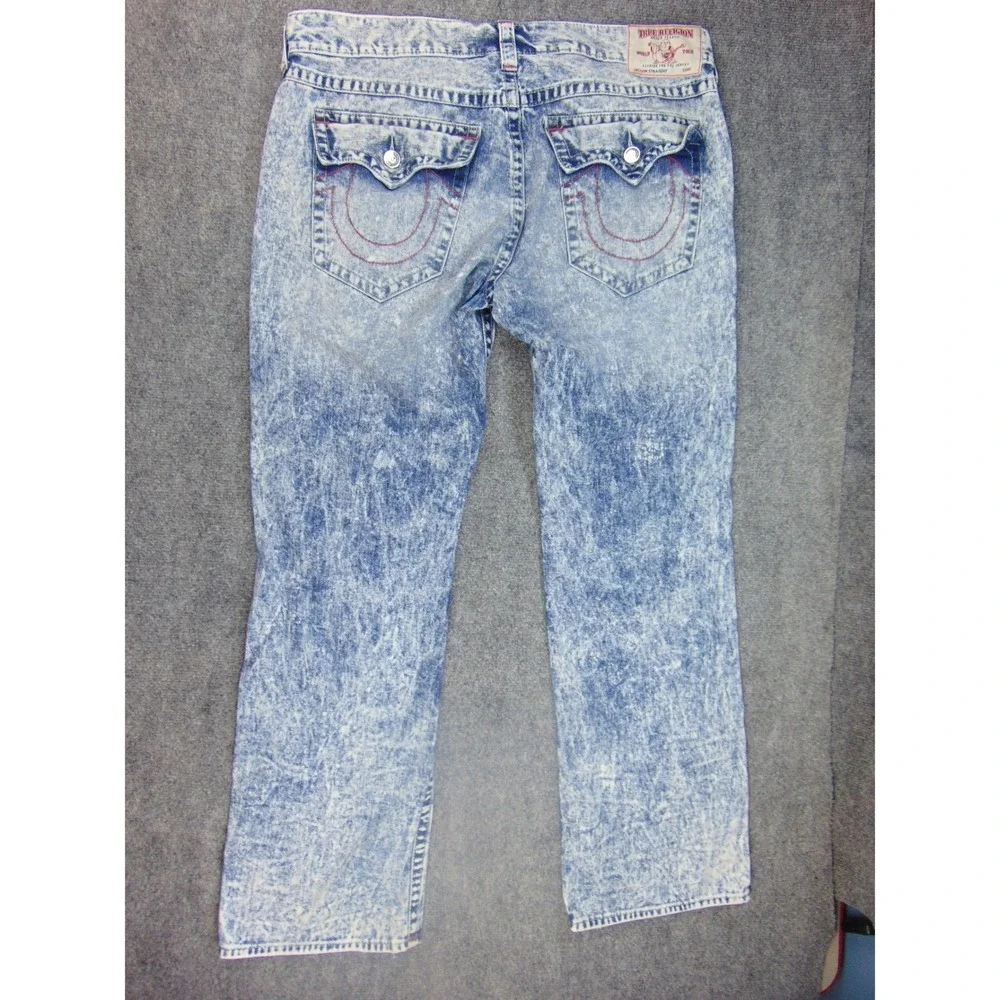 True Religion Jeans Mens 42x32 Blue Acid Wash Distressed Flap Pocket Y2K Grunge